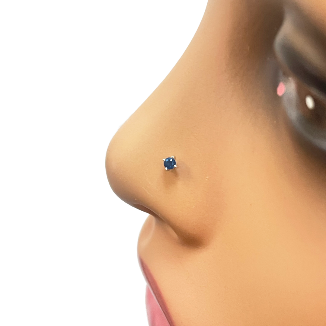 18ct White Gold & Blue Sapphire Nose Stud / Nose Pin 0.02 Carats 4-Claw 2.0 mm