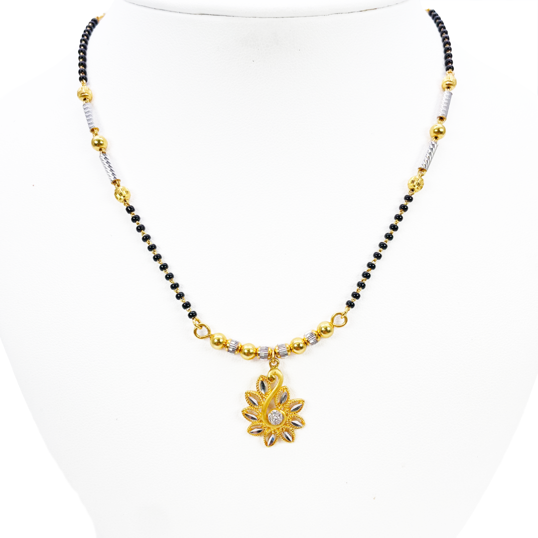 22ct Yellow Gold Floral Cubic Zirconia Diamond Cut Beaded Mangalsutra Necklace 18 inches