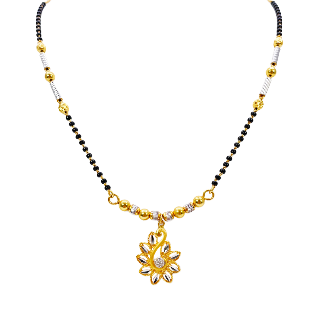 22ct Yellow Gold Floral Cubic Zirconia Diamond Cut Beaded Mangalsutra Necklace 18 inches