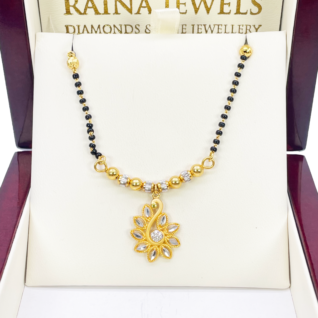 22ct Yellow Gold Floral Cubic Zirconia Diamond Cut Beaded Mangalsutra Necklace 18 inches