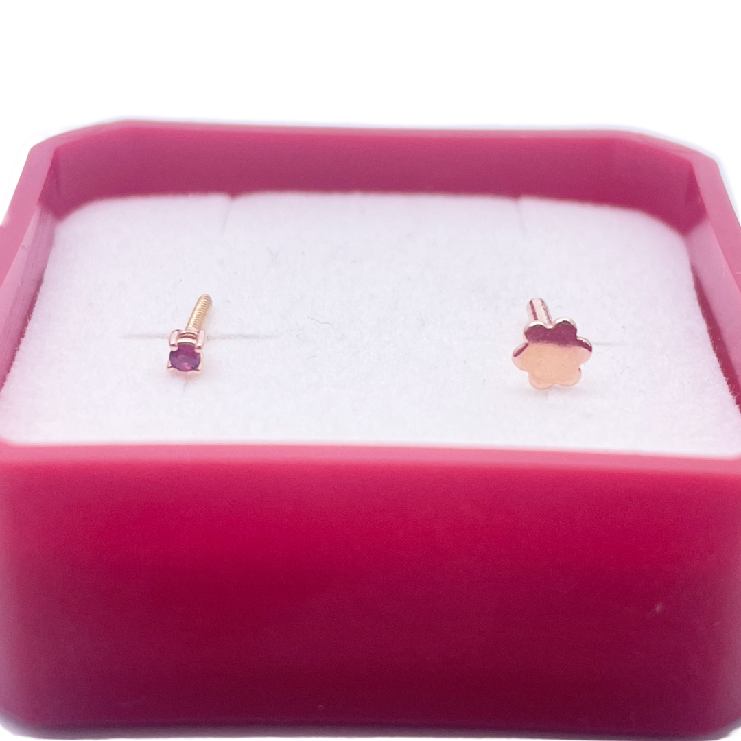 18ct Rose Gold & Natural Ruby Nose Stud Pin 0.02 Carats 4-Claw 1.8 mm