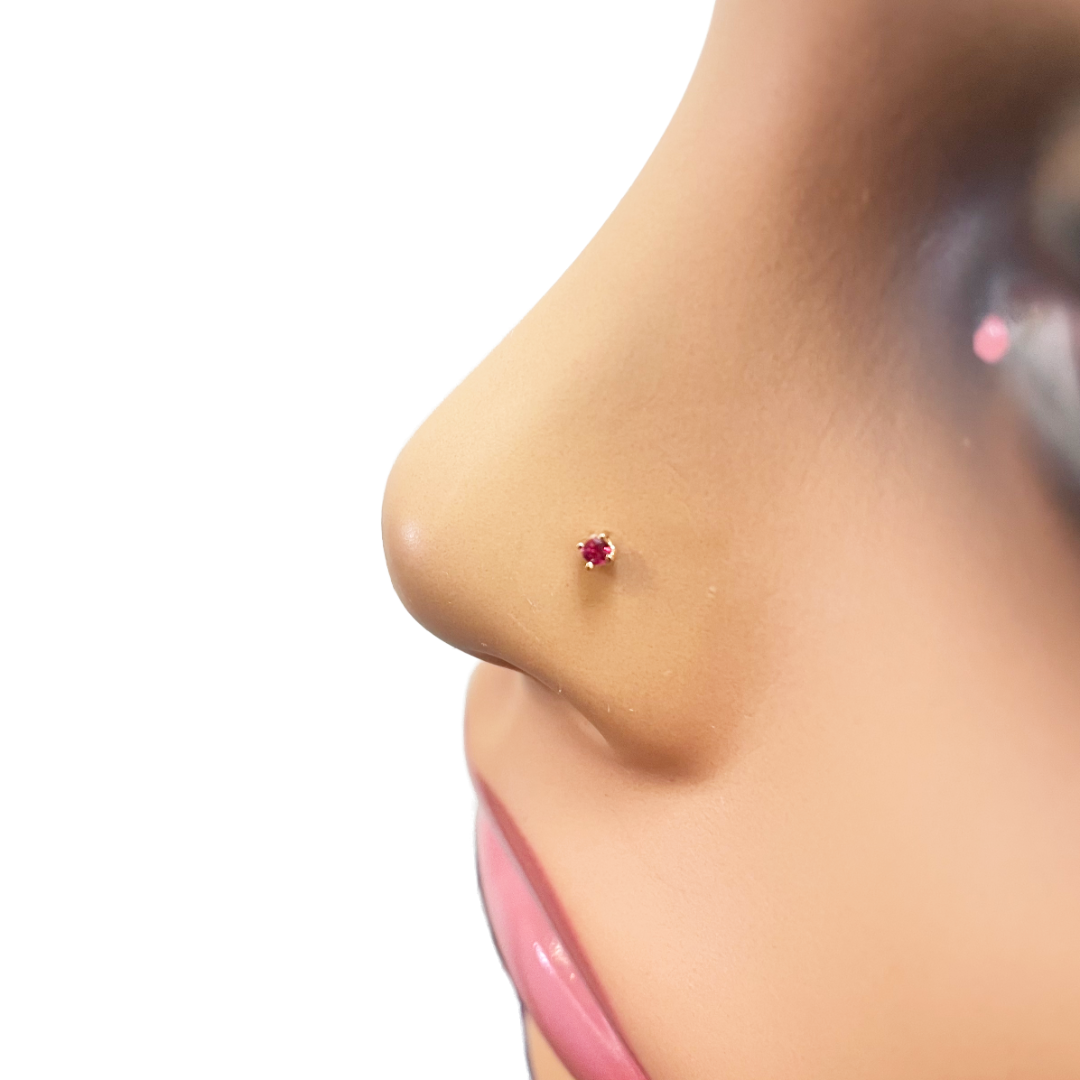 18ct Rose Gold & Natural Ruby Nose Stud Pin 0.02 Carats 4-Claw 1.8 mm