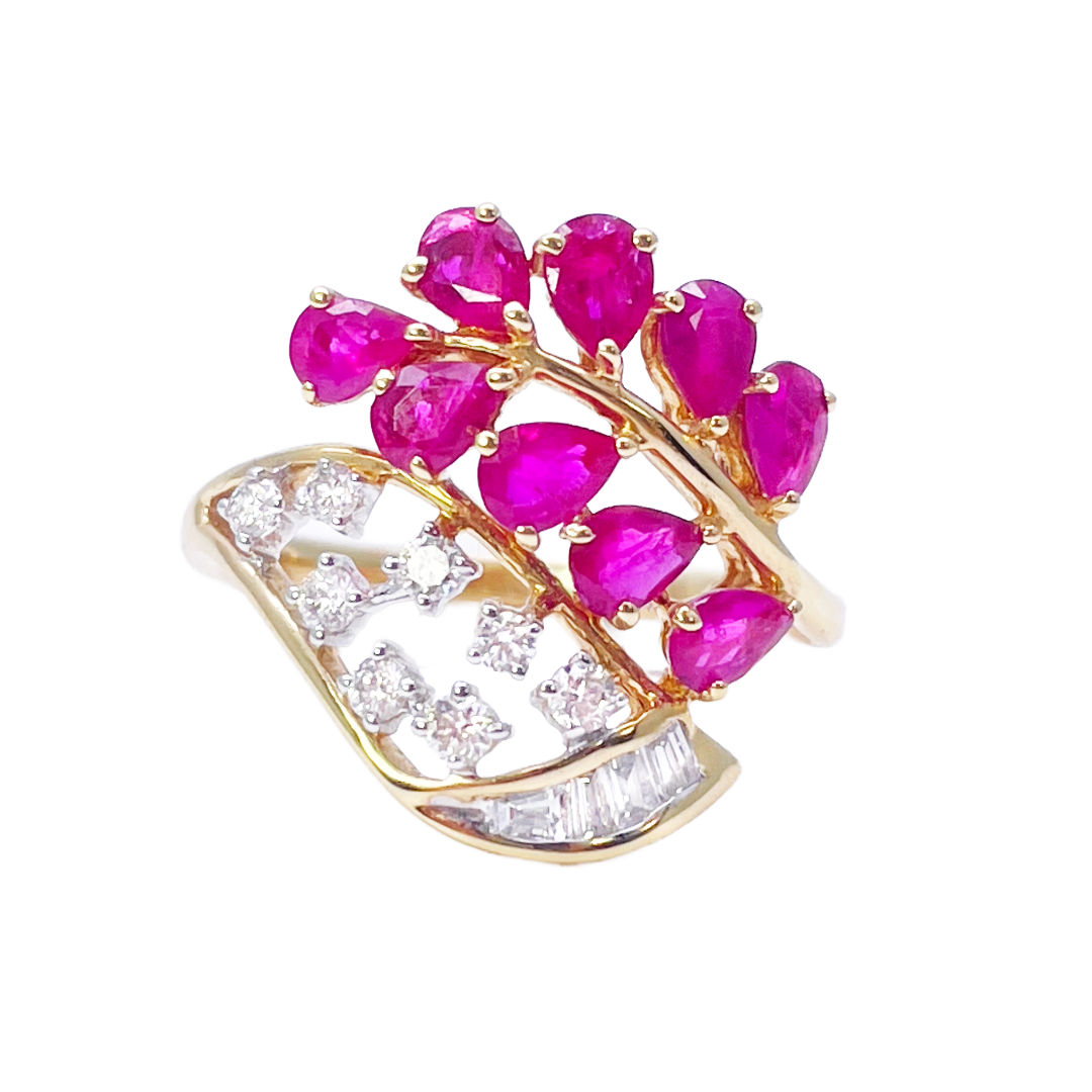 18ct Yellow Gold Natural Pear Ruby and Baguette & Round Diamond Ring 1.71ct