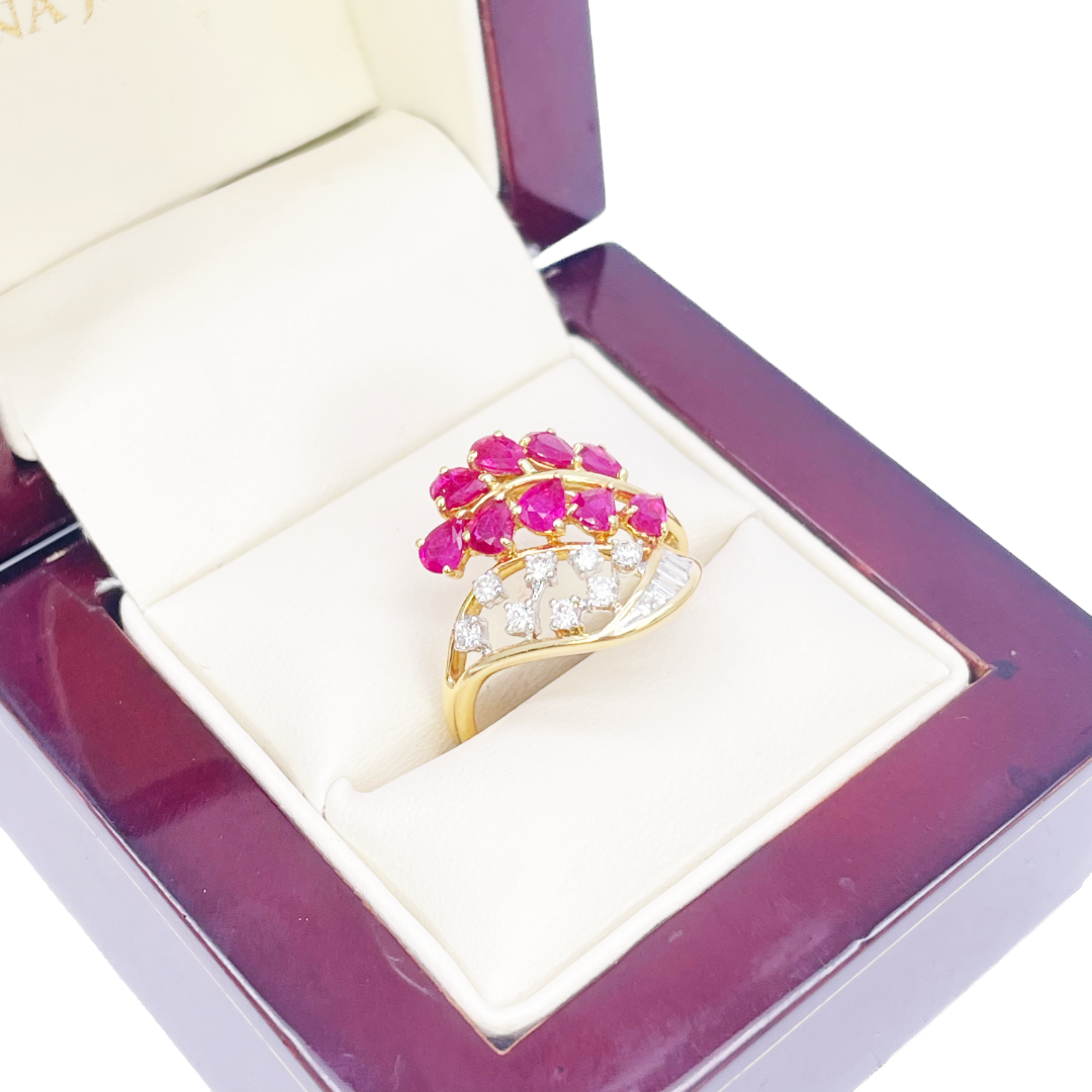 18ct Yellow Gold Natural Pear Ruby and Baguette & Round Diamond Ring 1.71ct