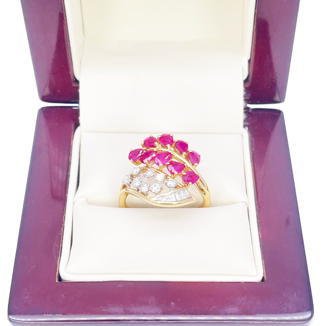 18ct Yellow Gold Natural Pear Ruby and Baguette & Round Diamond Ring 1.71ct