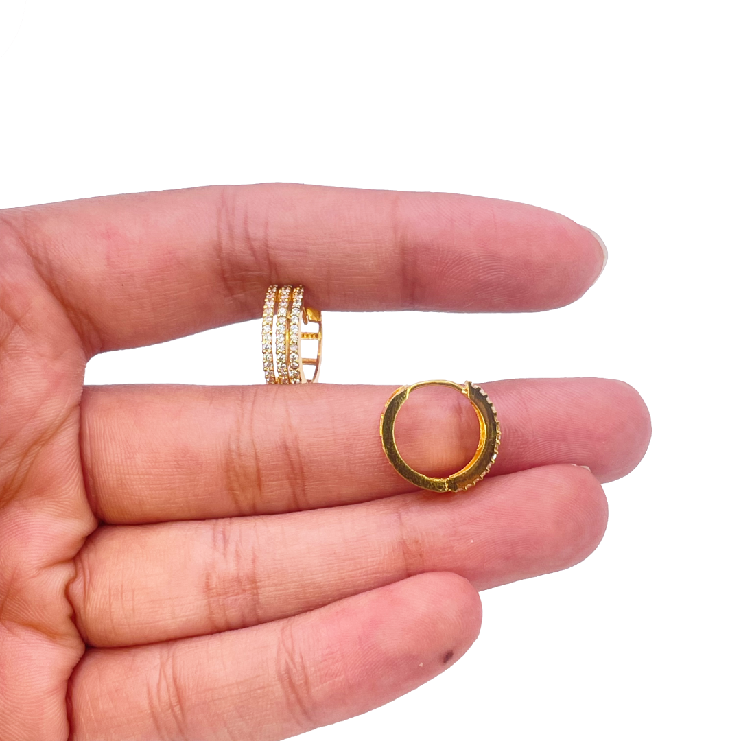 22ct Yellow Gold Cubic Zirconia Cluster Three Row Hoop Huggie Earrings