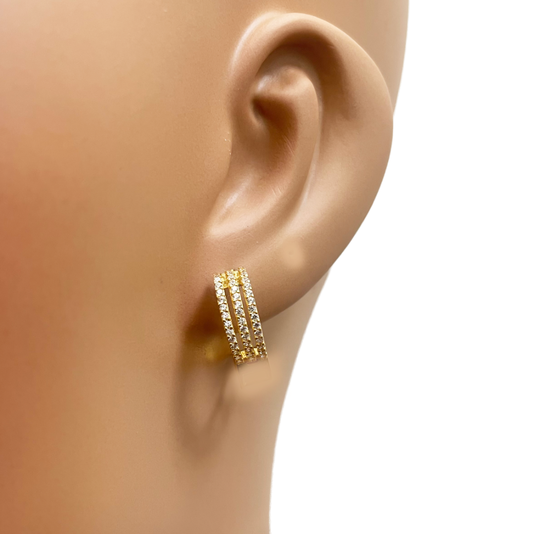 22ct Yellow Gold Cubic Zirconia Cluster Three Row Hoop Huggie Earrings