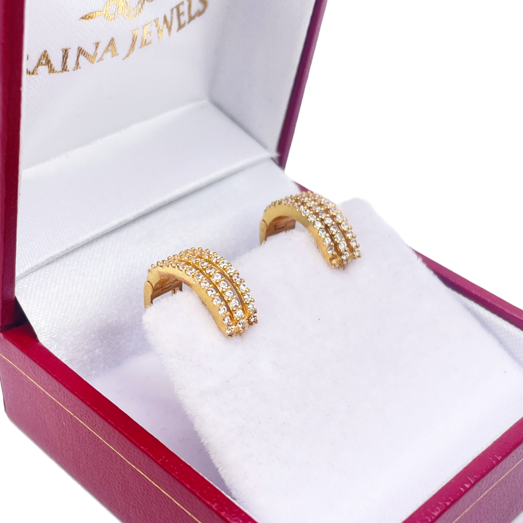 22ct Yellow Gold Cubic Zirconia Cluster Three Row Hoop Huggie Earrings