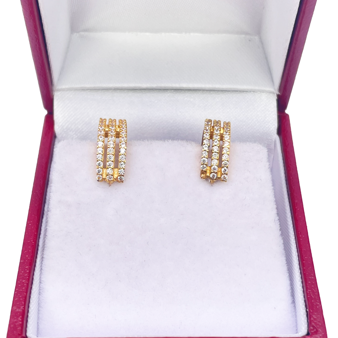 22ct Yellow Gold Cubic Zirconia Cluster Three Row Hoop Huggie Earrings