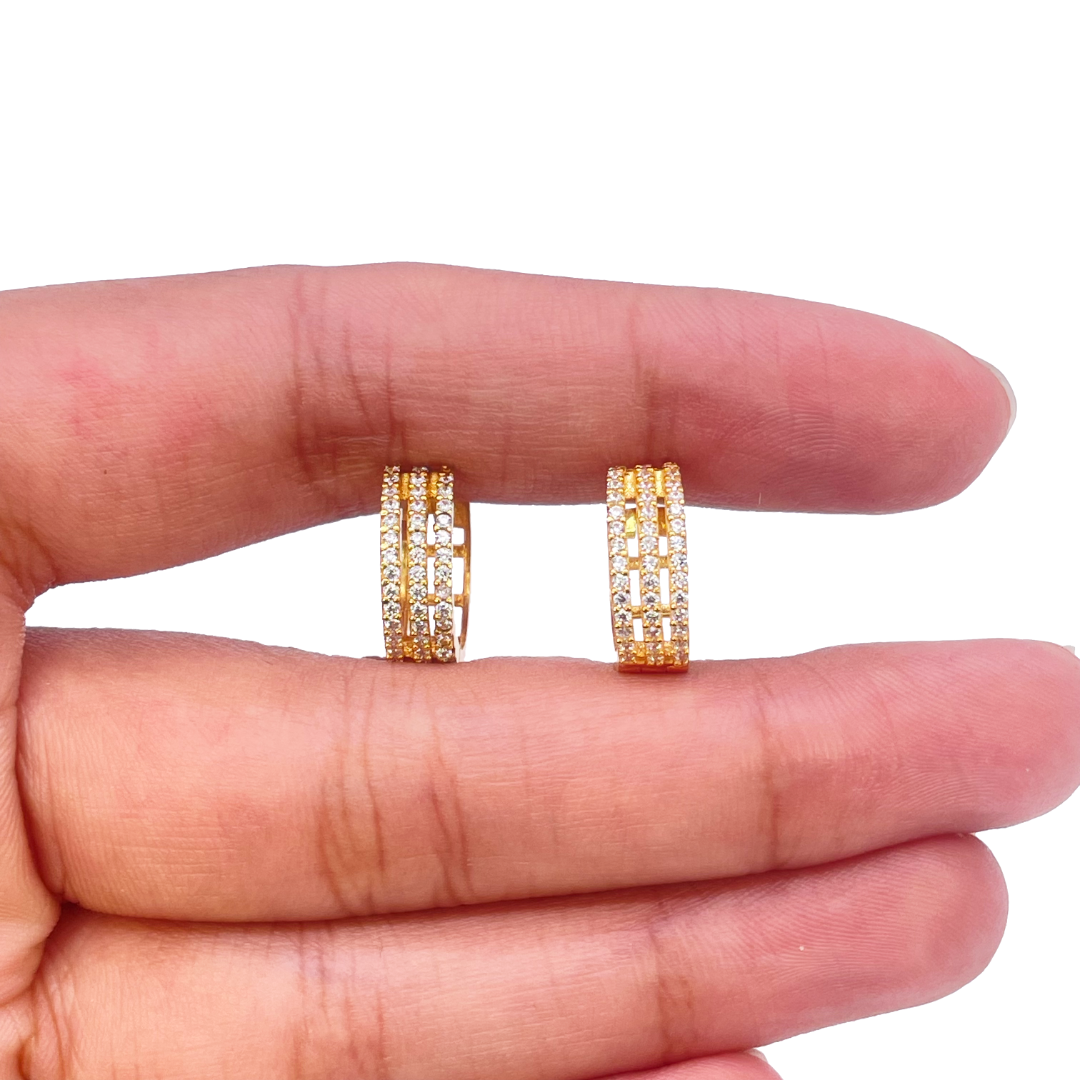 22ct Yellow Gold Cubic Zirconia Cluster Three Row Hoop Huggie Earrings