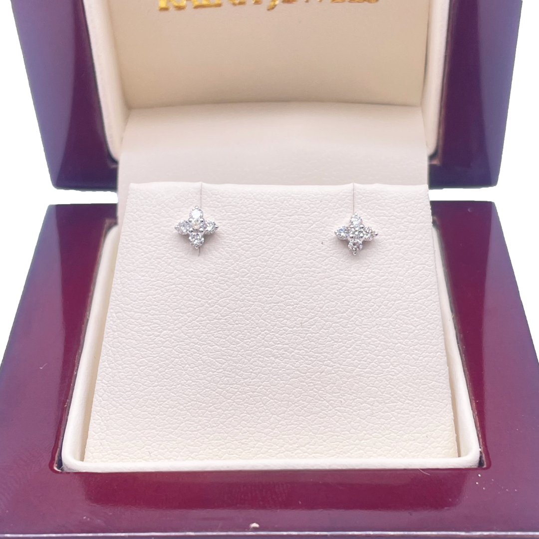 18ct White Gold Round Diamonds Fancy Flower Earrings Studs 0.16ct