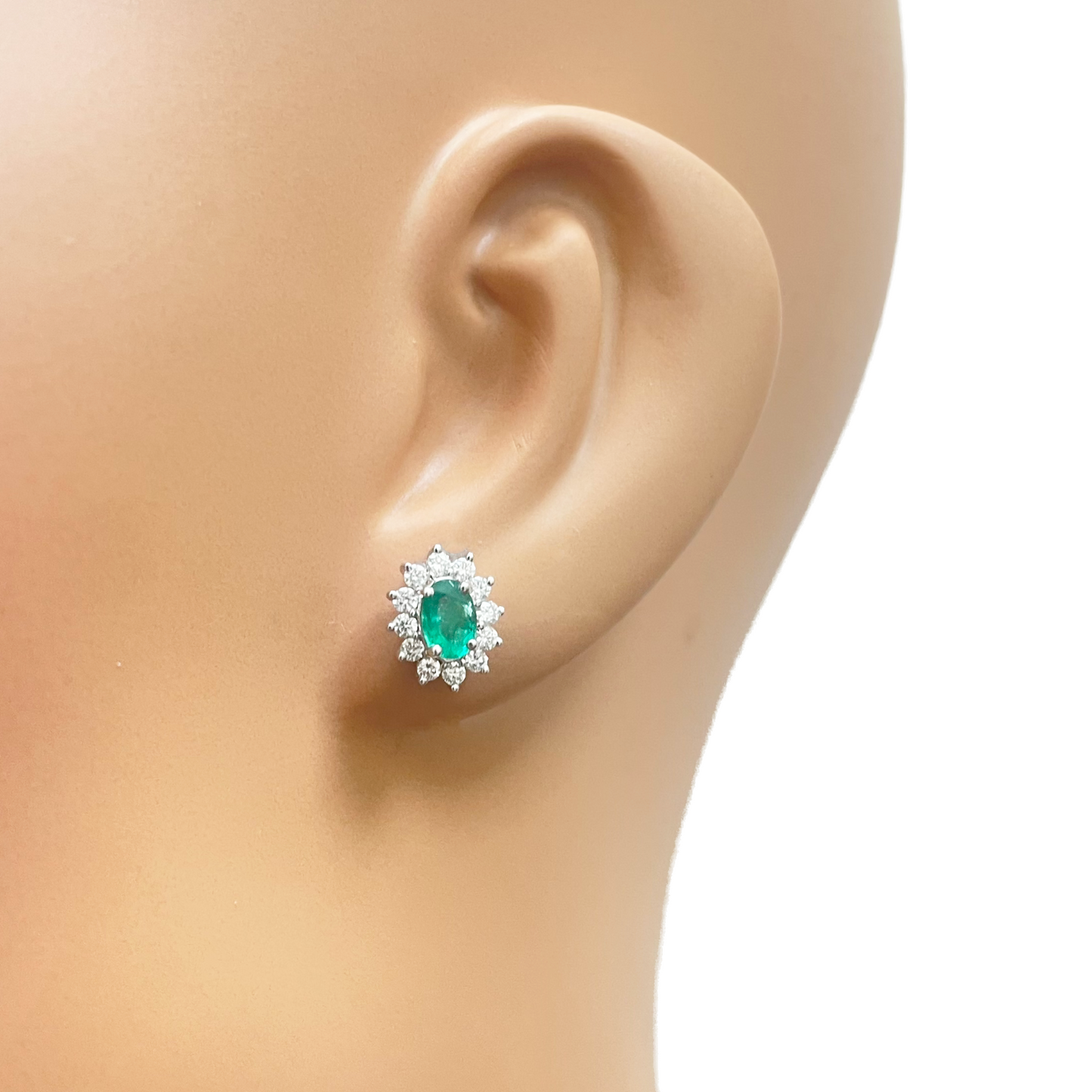18ct White Gold Natural Round Diamond & Oval Emerald Floral Earrings Set 1.20ct