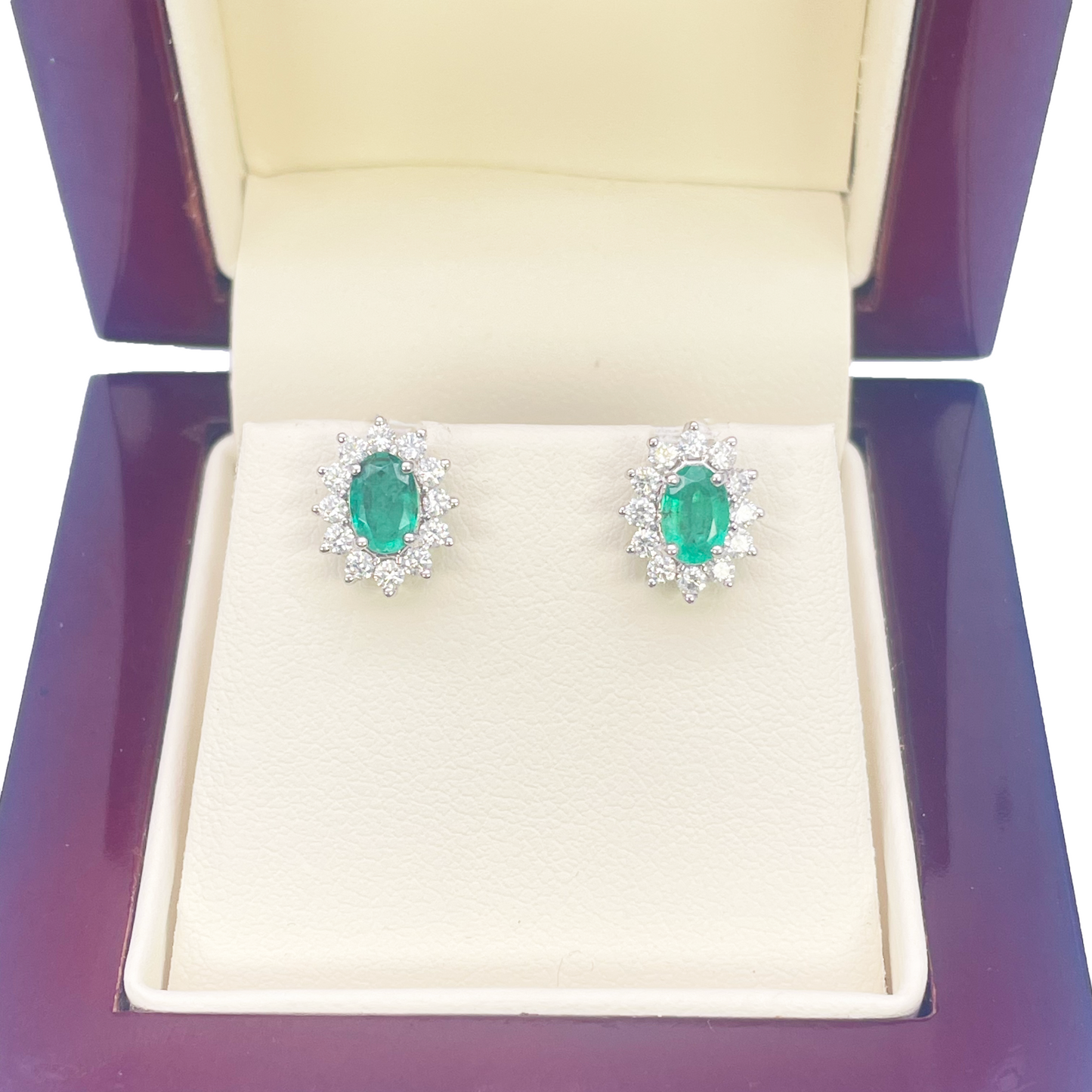18ct White Gold Natural Round Diamond & Oval Emerald Floral Earrings Set 1.20ct