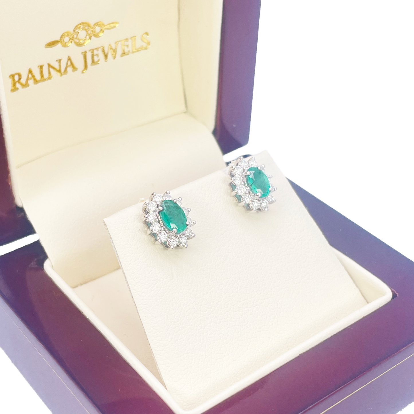 18ct White Gold Natural Round Diamond & Oval Emerald Floral Earrings Set 1.20ct