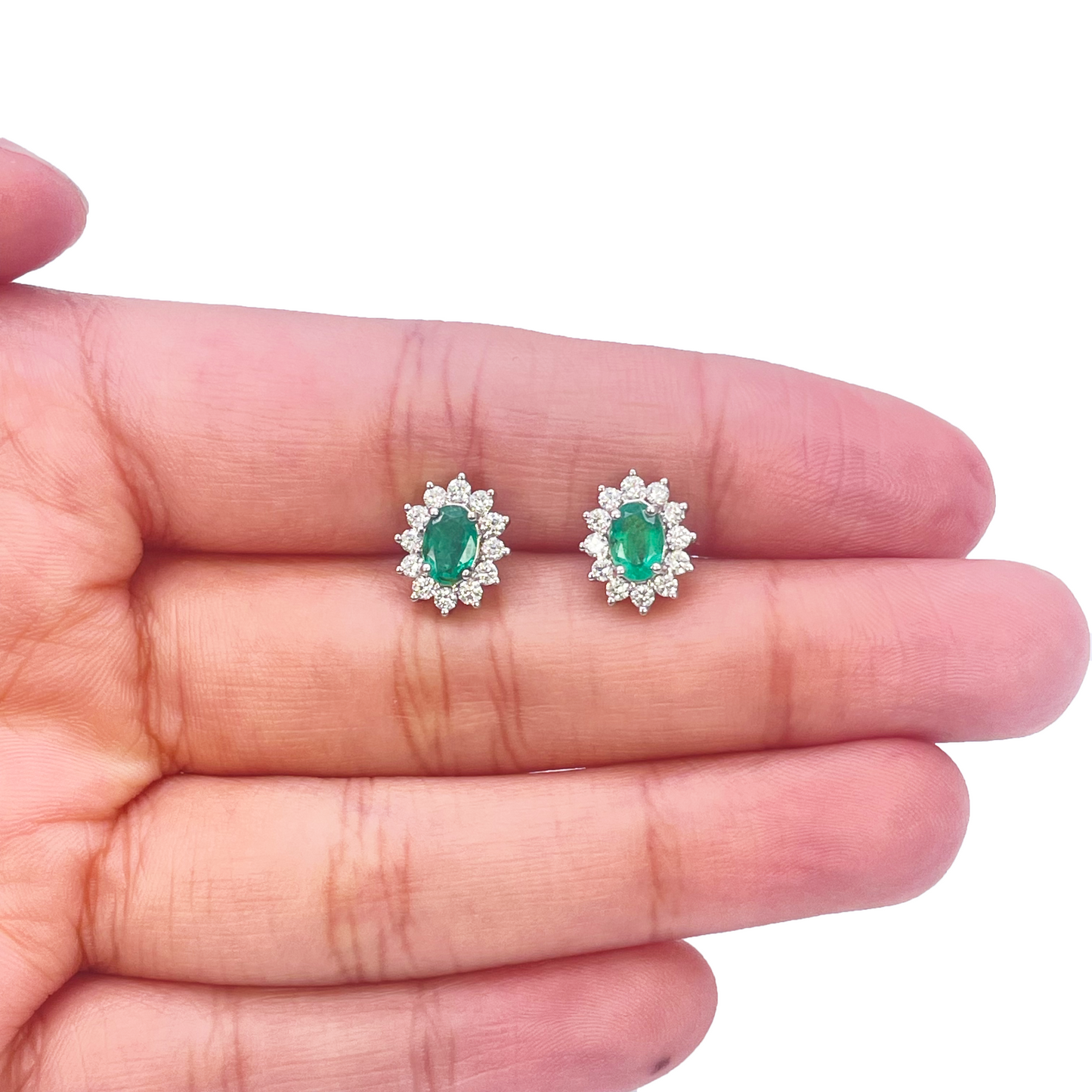 18ct White Gold Natural Round Diamond & Oval Emerald Floral Earrings Set 1.20ct