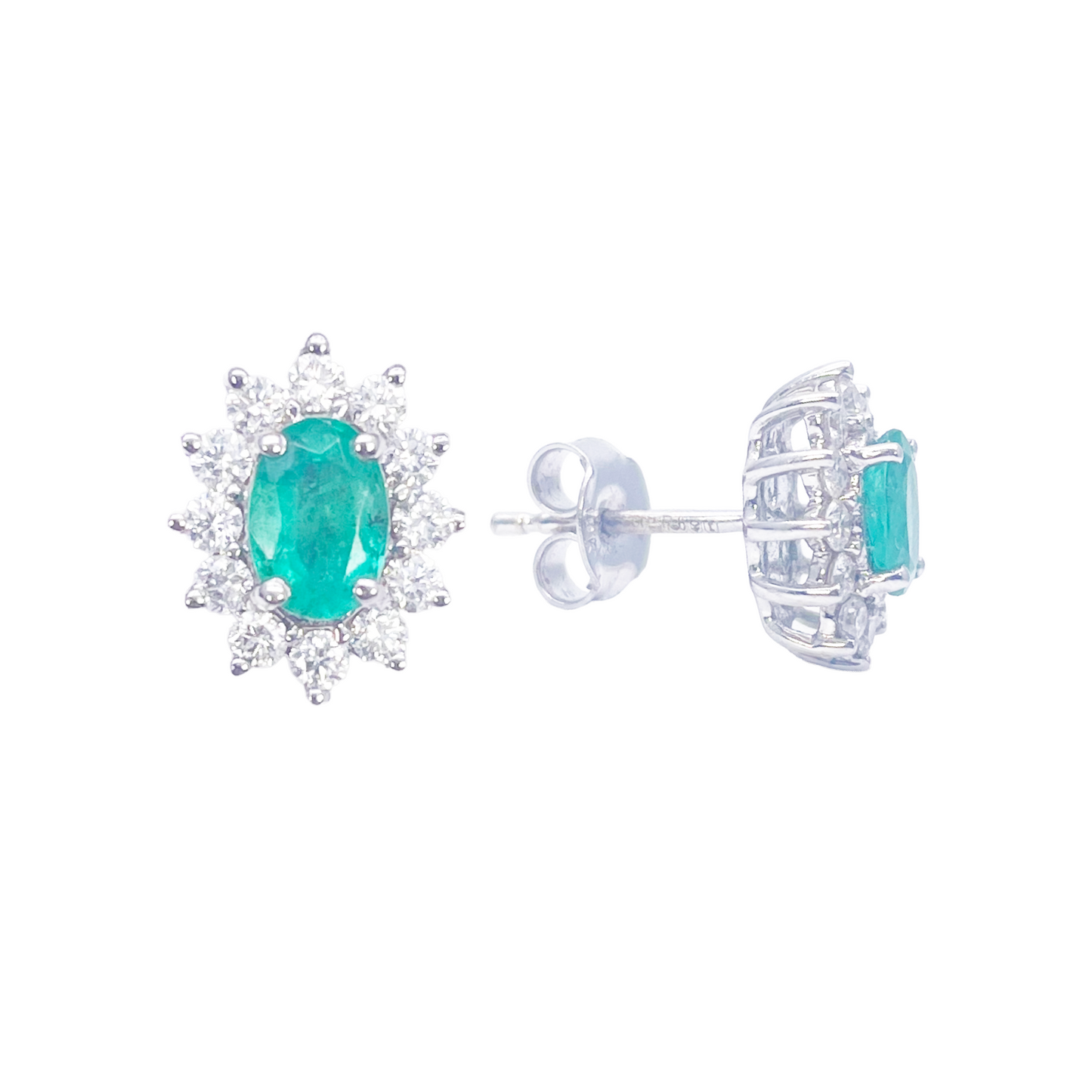 18ct White Gold Natural Round Diamond & Oval Emerald Floral Earrings Set 1.20ct