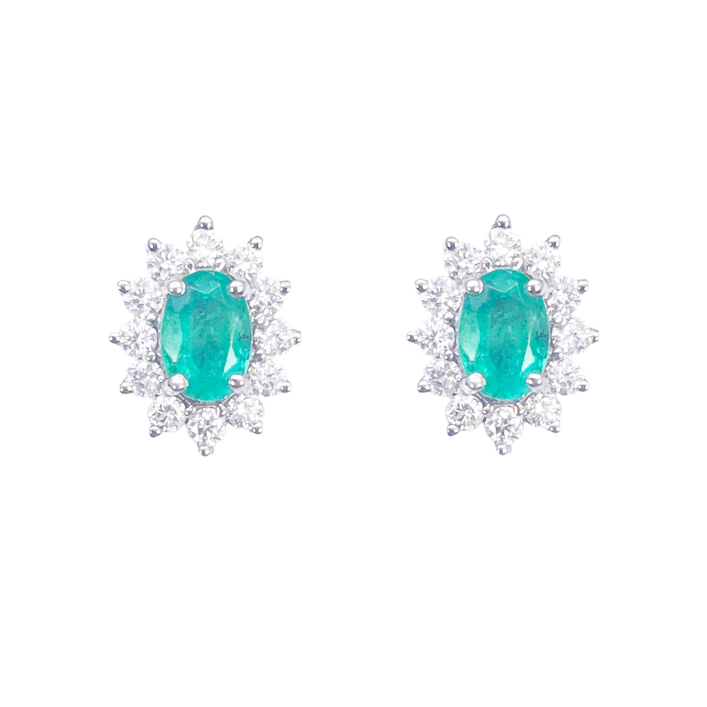 18ct White Gold Natural Round Diamond & Oval Emerald Floral Earrings Set 1.20ct