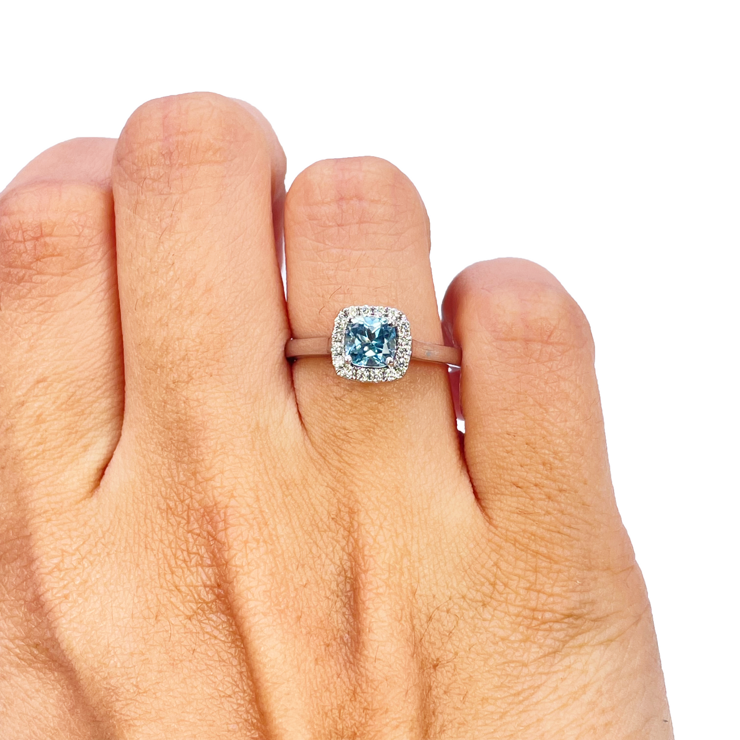 18ct White Gold Aquamarine & Diamond Halo Cluster Cushion Ring 0.70ct
