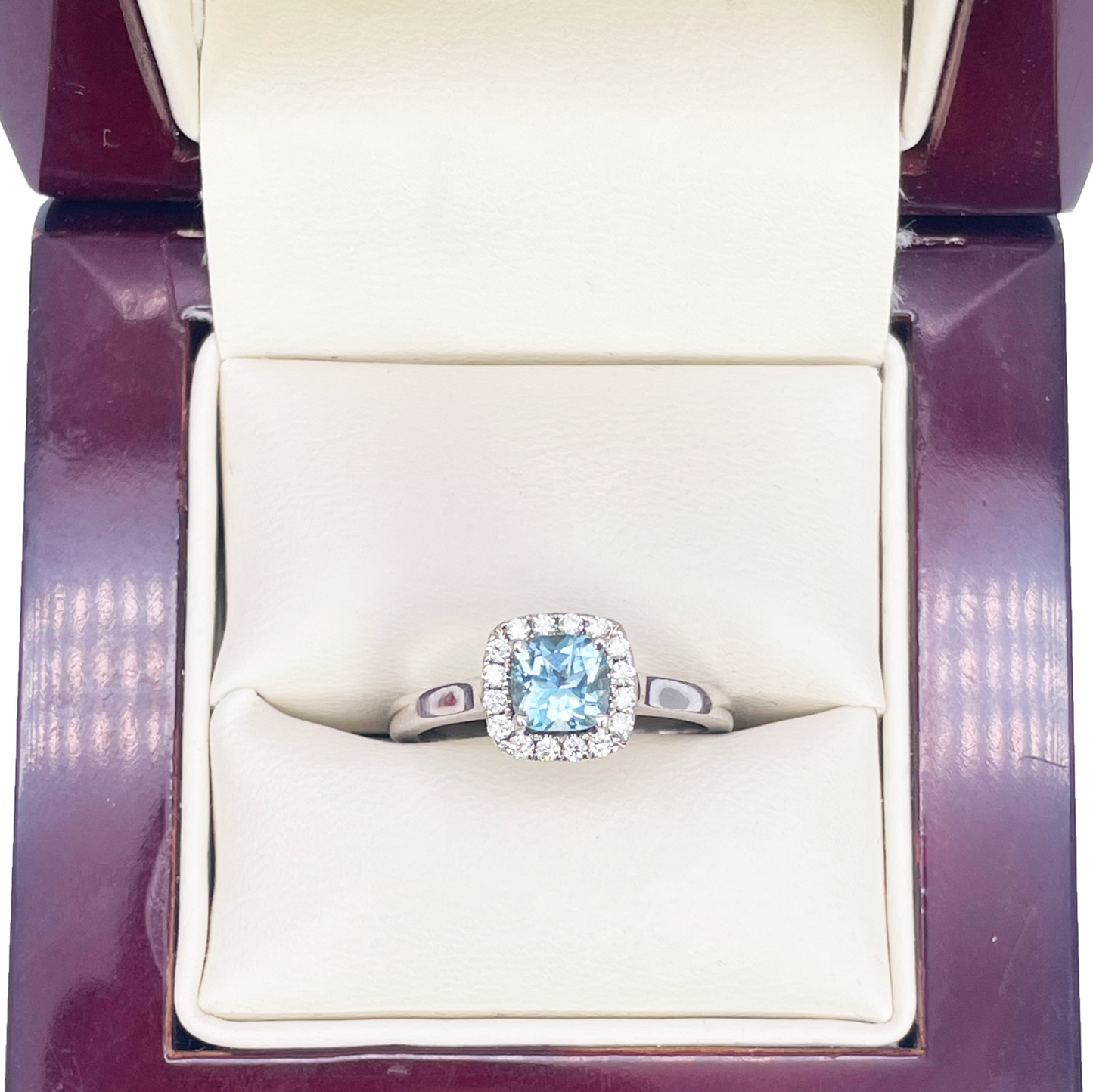 18ct White Gold Aquamarine & Diamond Halo Cluster Cushion Ring 0.70ct