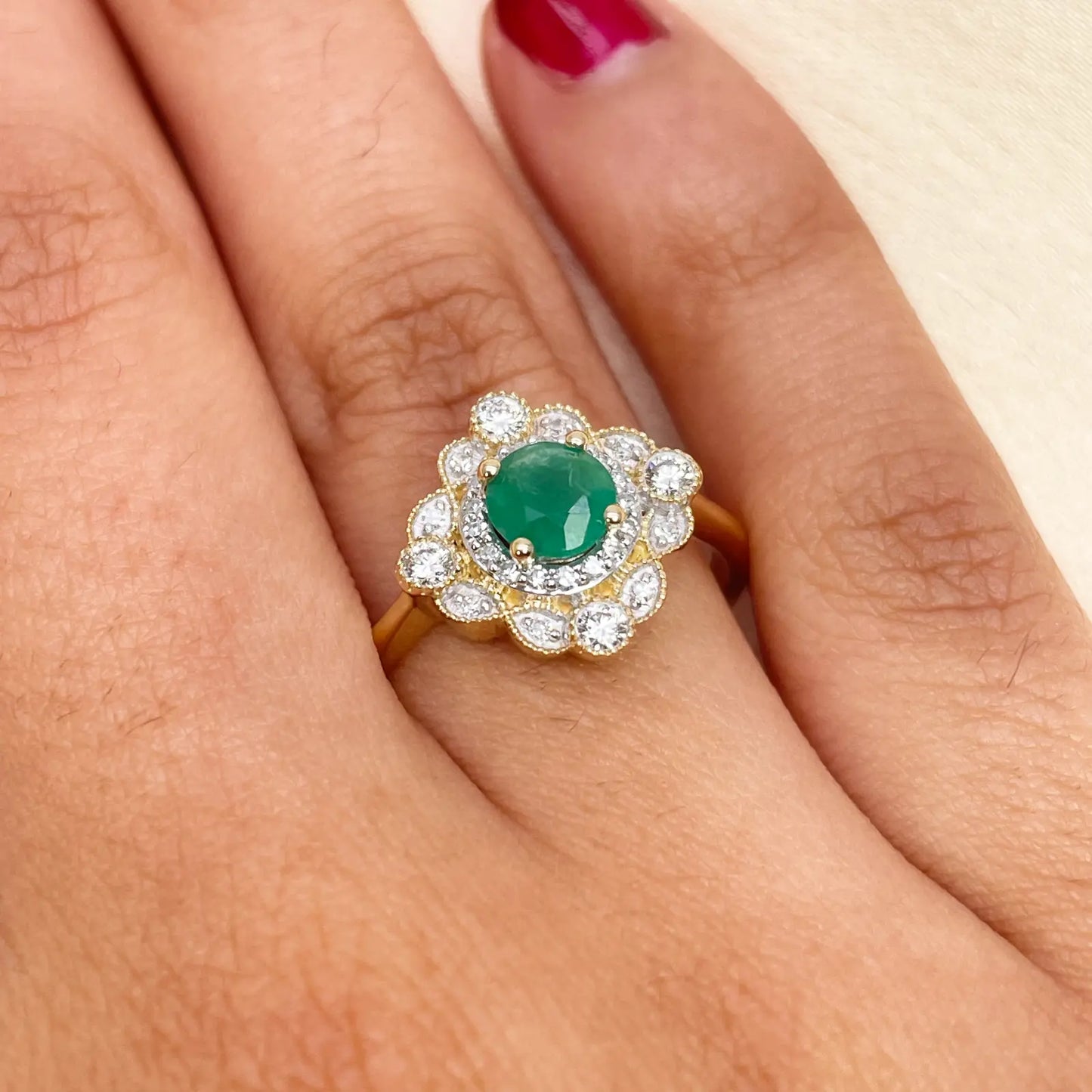14ct Yellow Gold Round Green Emerald & Diamond Cluster Milgrain Ring 0.72ct Diamond Ring