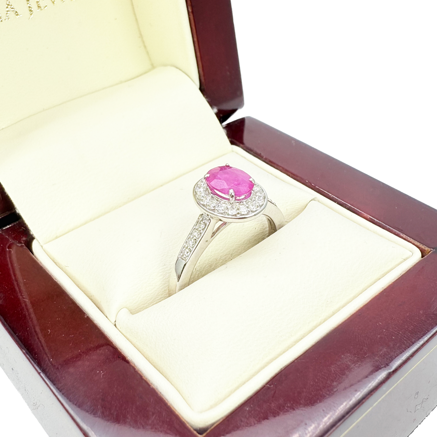 18ct White Gold Natural Oval Ruby & Round Diamond Halo Ring 1.00ct