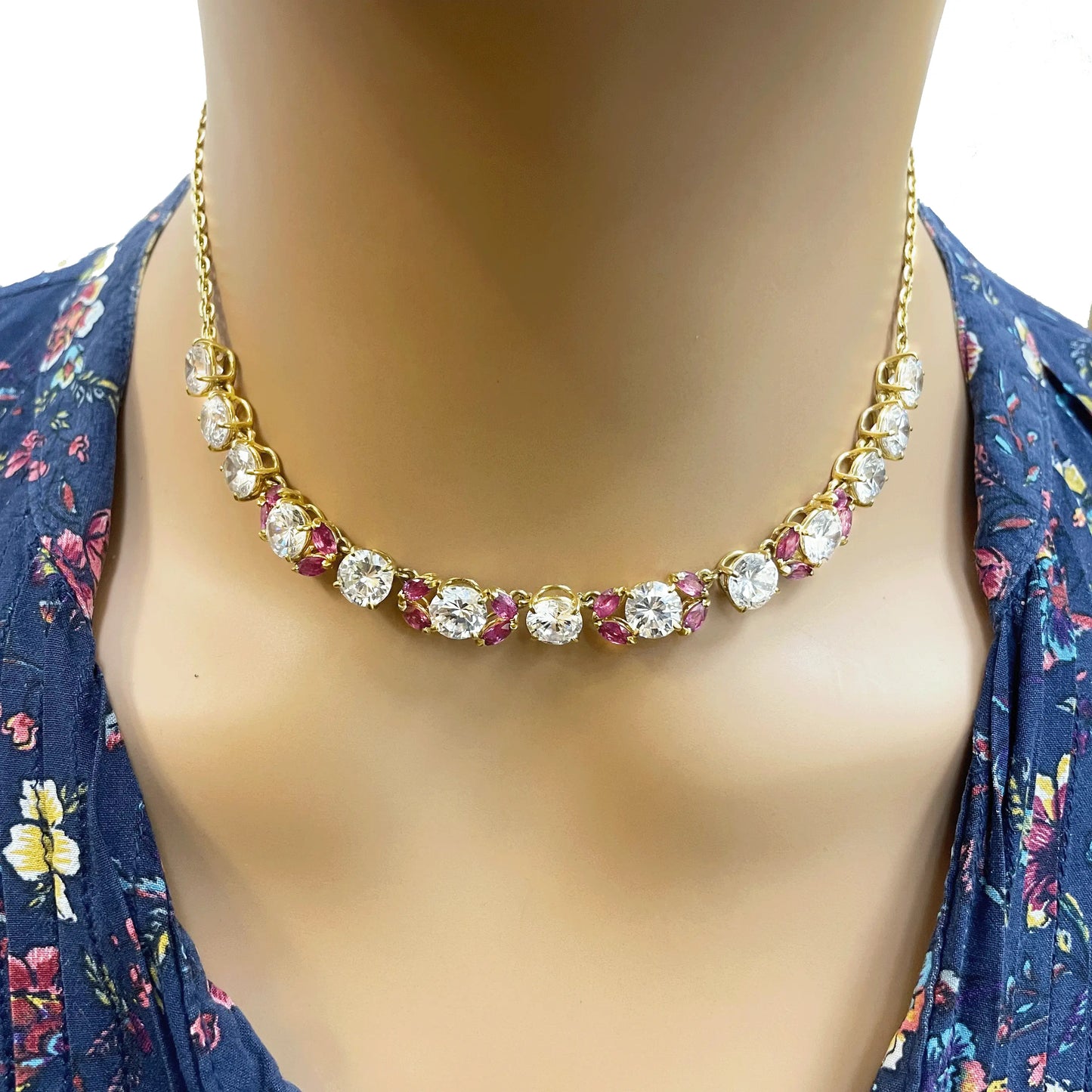 18ct Cubic Zirconia & Synthetic Ruby Necklace, 22.6gms