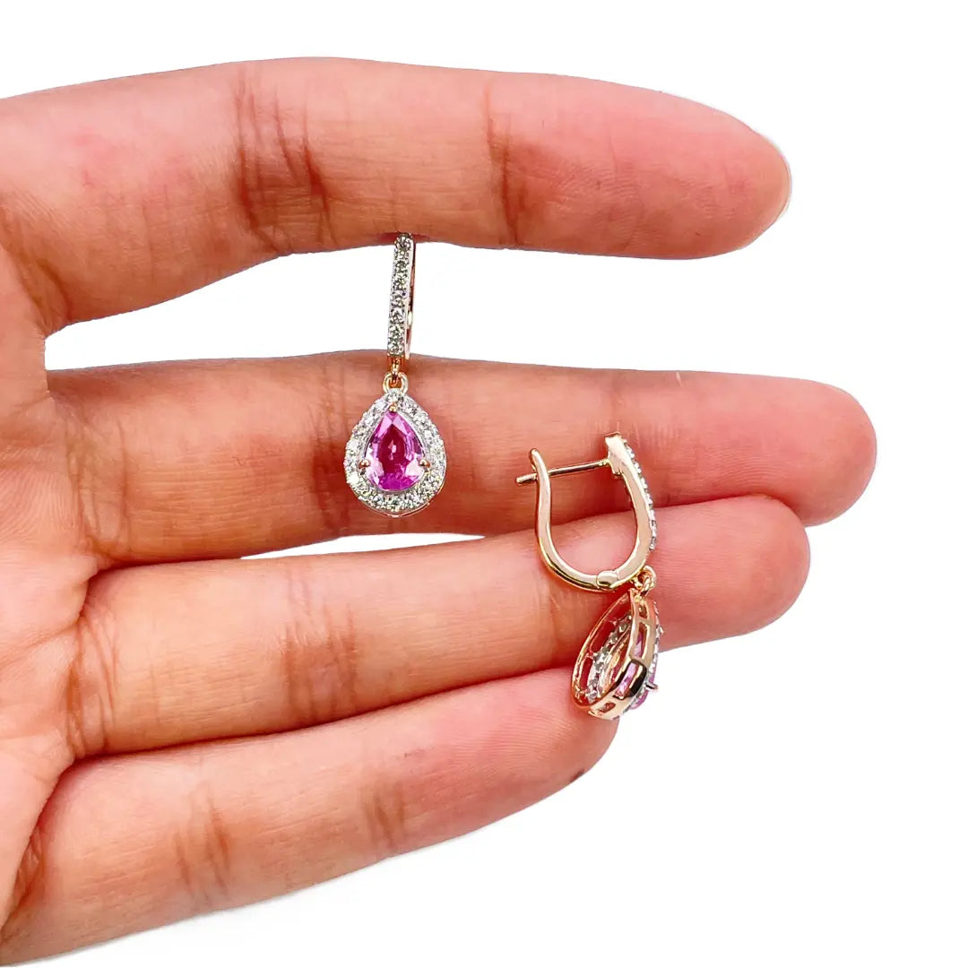 18ct Rose Gold Diamond & Pink Sapphire Pear Halo Teardrop Earrings 1.79ct Earring