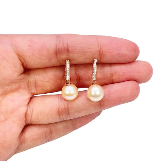 18ct Rose Gold Elegant Natural Diamonds & Pearl Drop Hoop Earrings 0.15ct