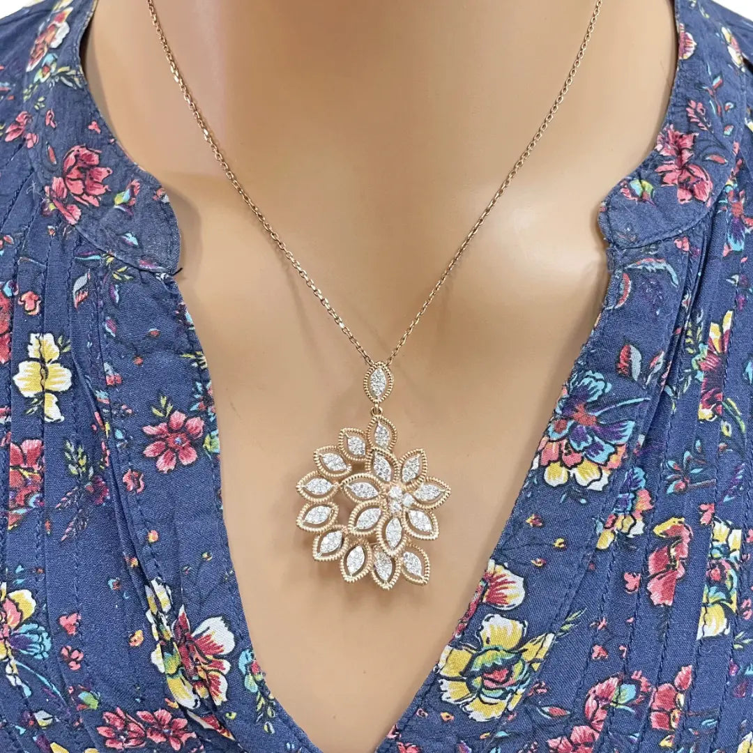 18ct Rose Gold Floral Natural Diamond Pendant, Chain & Matching Earrings 2.60ct