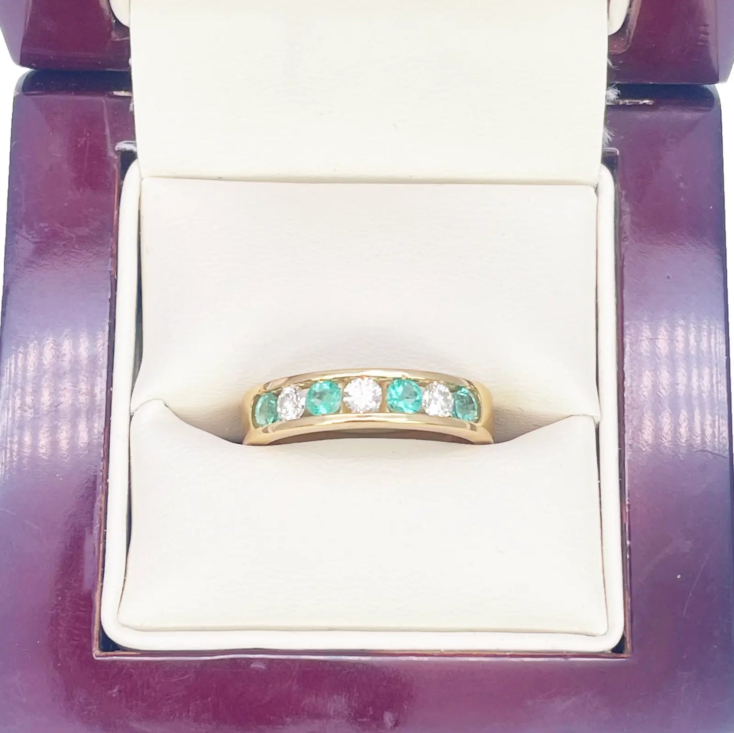 18ct Yellow Gold Diamond & Emerald 7 Stone Half Eternity Channel Set Ring 0.70ct