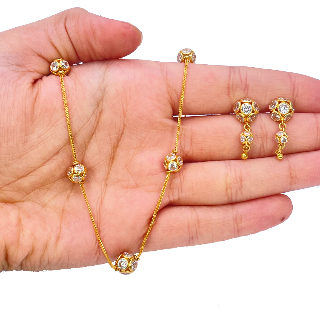 22ct Yellow Gold Cubic Zirconia Five Sparkly Beaded Necklace and Matching Beaded Drop Earrings