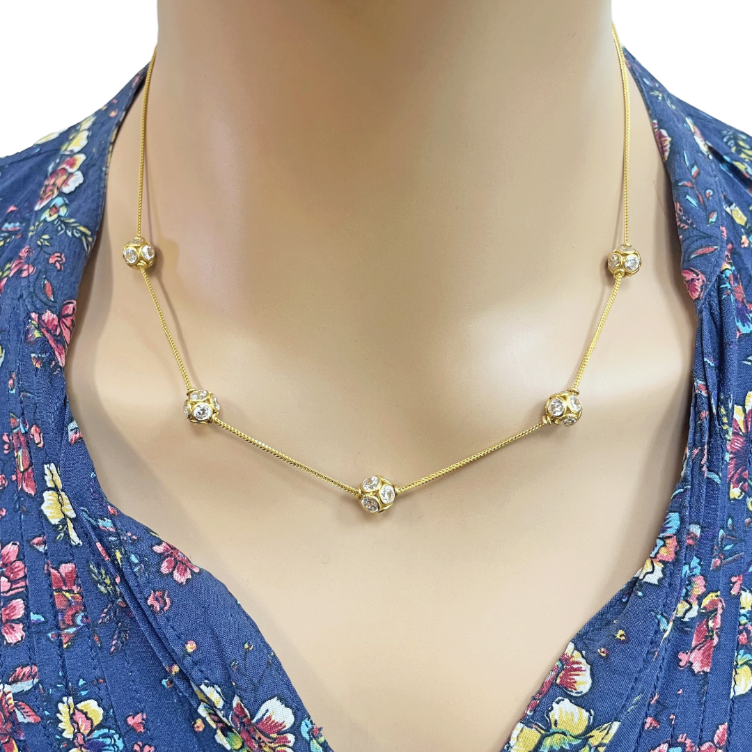 22ct Yellow Gold Cubic Zirconia Five Sparkly Beaded Necklace and Matching Beaded Drop Earrings