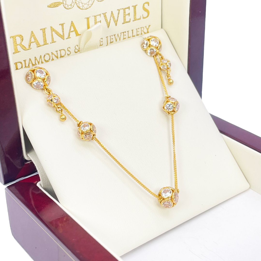 22ct Yellow Gold Cubic Zirconia Five Sparkly Beaded Necklace and Matching Beaded Drop Earrings