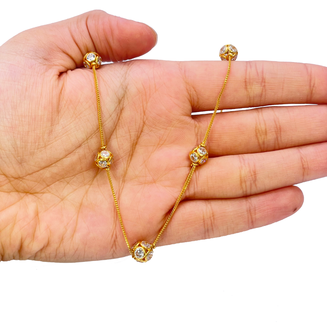 22ct Yellow Gold Cubic Zirconia Five Sparkly Beaded Necklace and Matching Beaded Drop Earrings