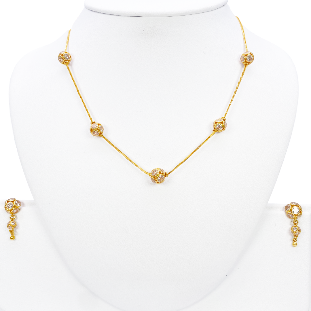 22ct Yellow Gold Cubic Zirconia Five Sparkly Beaded Necklace and Matching Beaded Drop Earrings