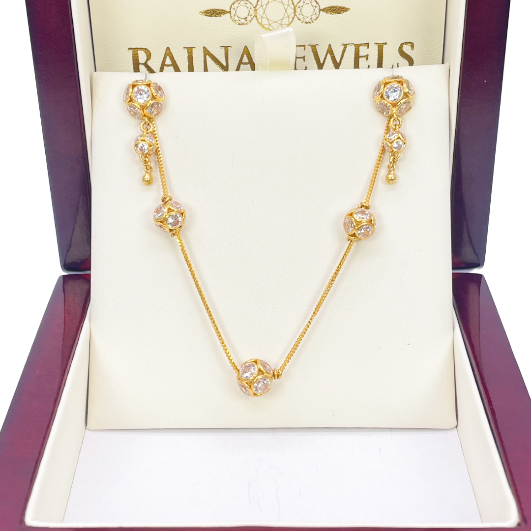 22ct Yellow Gold Cubic Zirconia Five Sparkly Beaded Necklace and Matching Beaded Drop Earrings