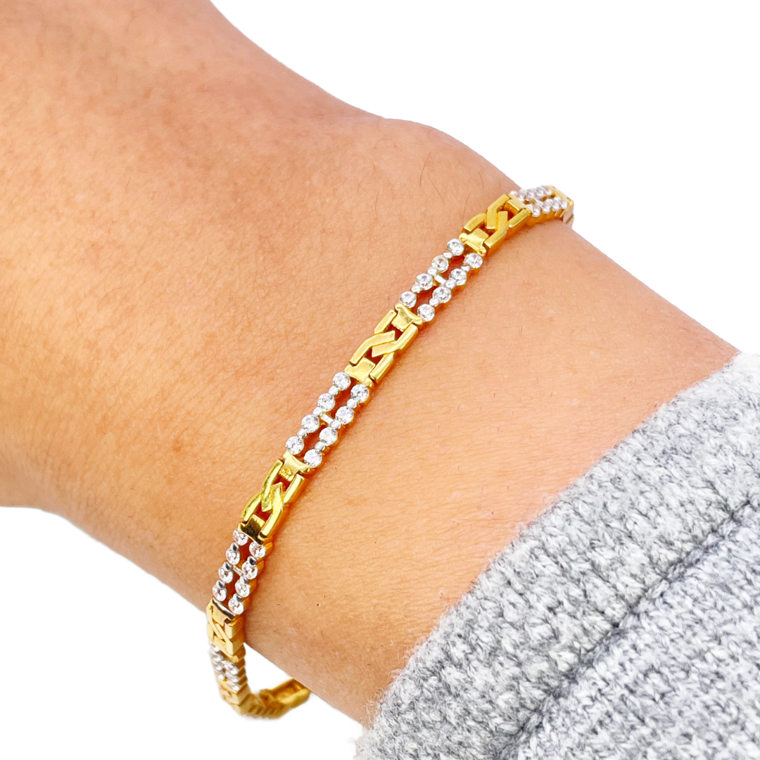 22ct Yellow Gold Beautiful Cubic Zirconia Two Row Link Bracelet 7 Inches 3.5mm Width