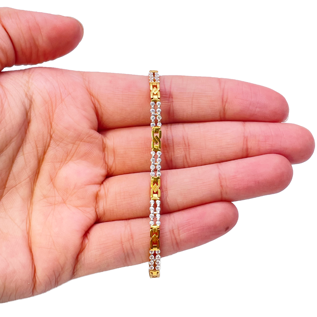 22ct Yellow Gold Beautiful Cubic Zirconia Two Row Link Bracelet 7 Inches 3.5mm Width