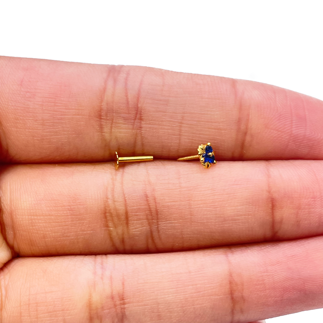 22ct Yellow Gold Blue Solitaire Cubic Zirconia Claw Set Nose Stud