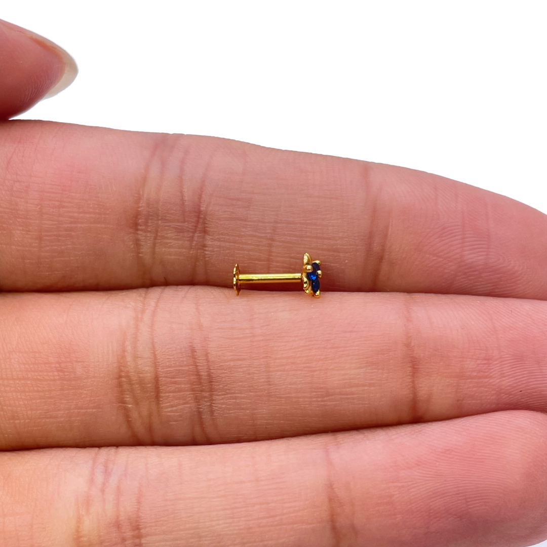 22ct Yellow Gold Blue Solitaire Cubic Zirconia Claw Set Nose Stud