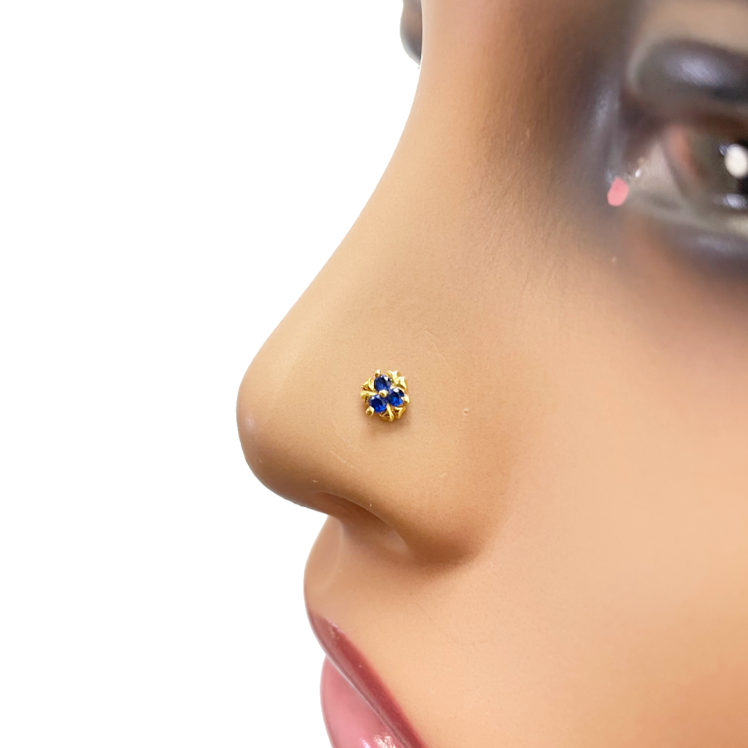 22ct Yellow Gold Blue Solitaire Cubic Zirconia Claw Set Nose Stud