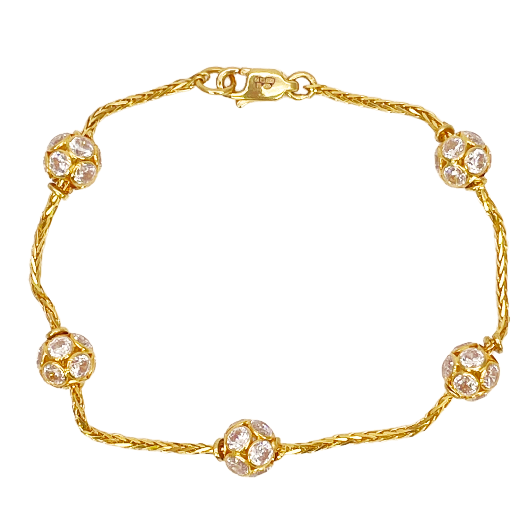 22ct Yellow Gold Sparkly Cubic Zirconia Glitter Ball Ladies Bracelet 6.5 inches