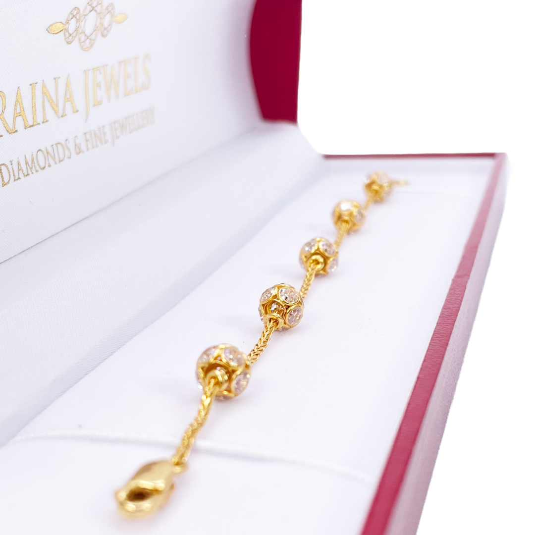 22ct Yellow Gold Sparkly Cubic Zirconia Glitter Ball Ladies Bracelet 6.5 inches