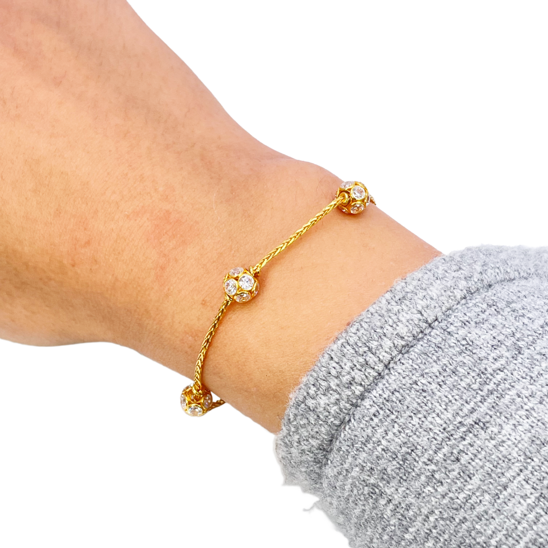 22ct Yellow Gold Sparkly Cubic Zirconia Glitter Ball Ladies Bracelet 6.5 inches
