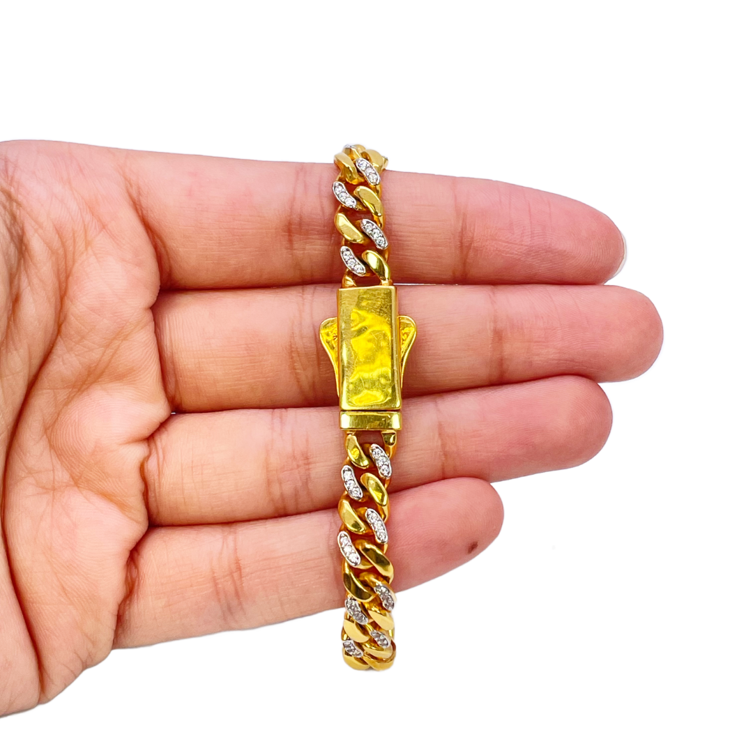 22ct Yellow Gold Cuban/Curb Cubic Zirconia Gents Bracelet 8 inches 7mm Width