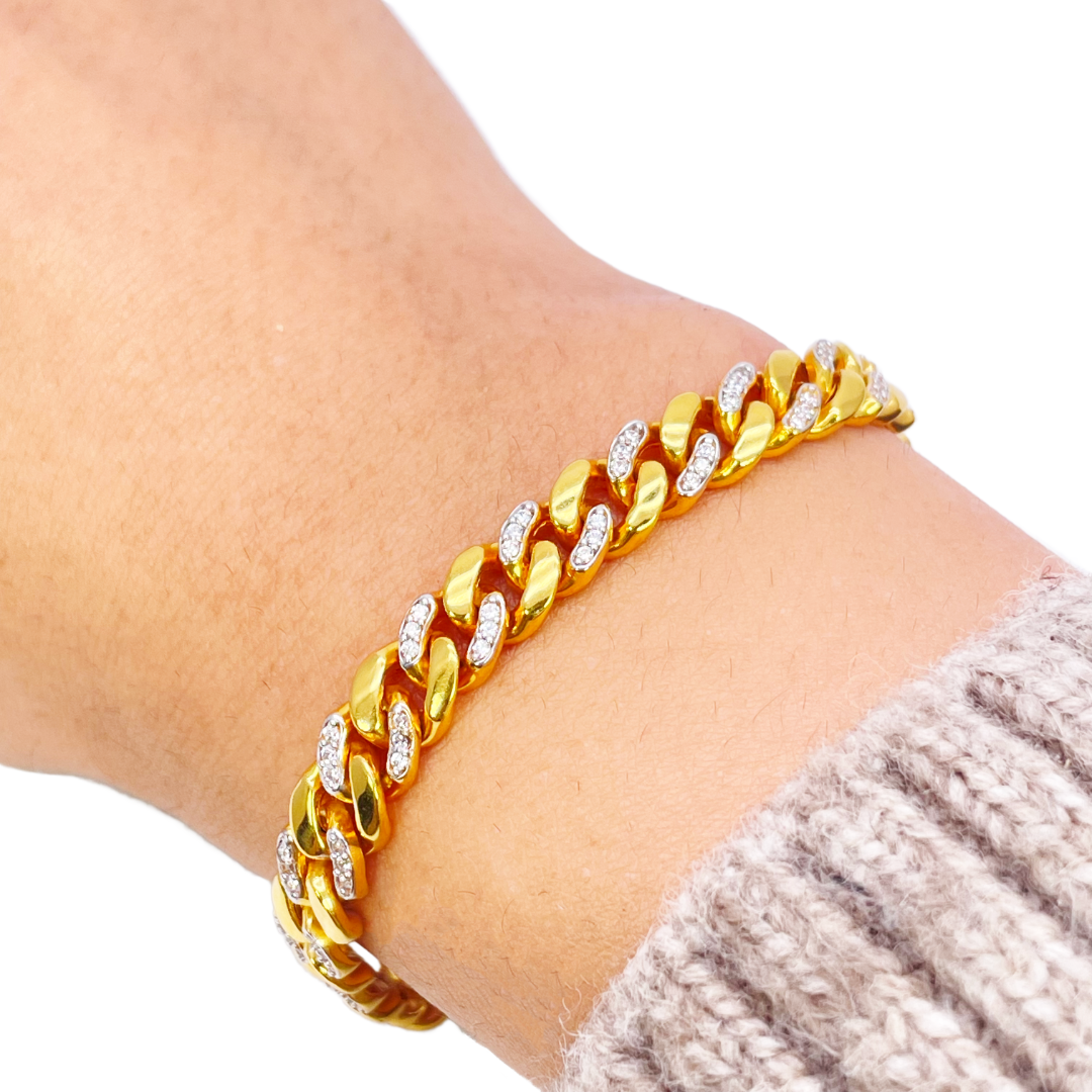 22ct Yellow Gold Cuban/Curb Cubic Zirconia Gents Bracelet 8 inches 7mm Width