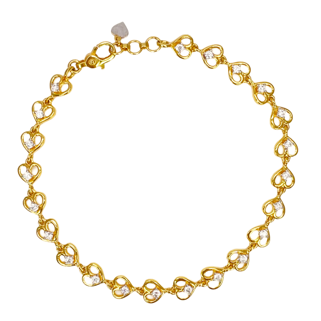 22ct Yellow Gold & Cubic Zirconia Fancy Heart Bracelet 7 inches