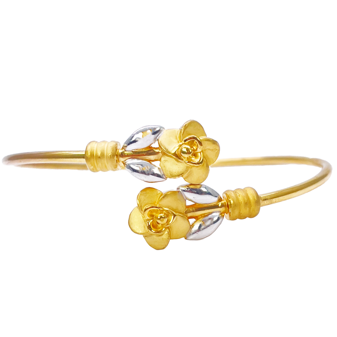 22ct Yellow Gold Two-Tone Ladies Flower Flexible Bangle Bracelet