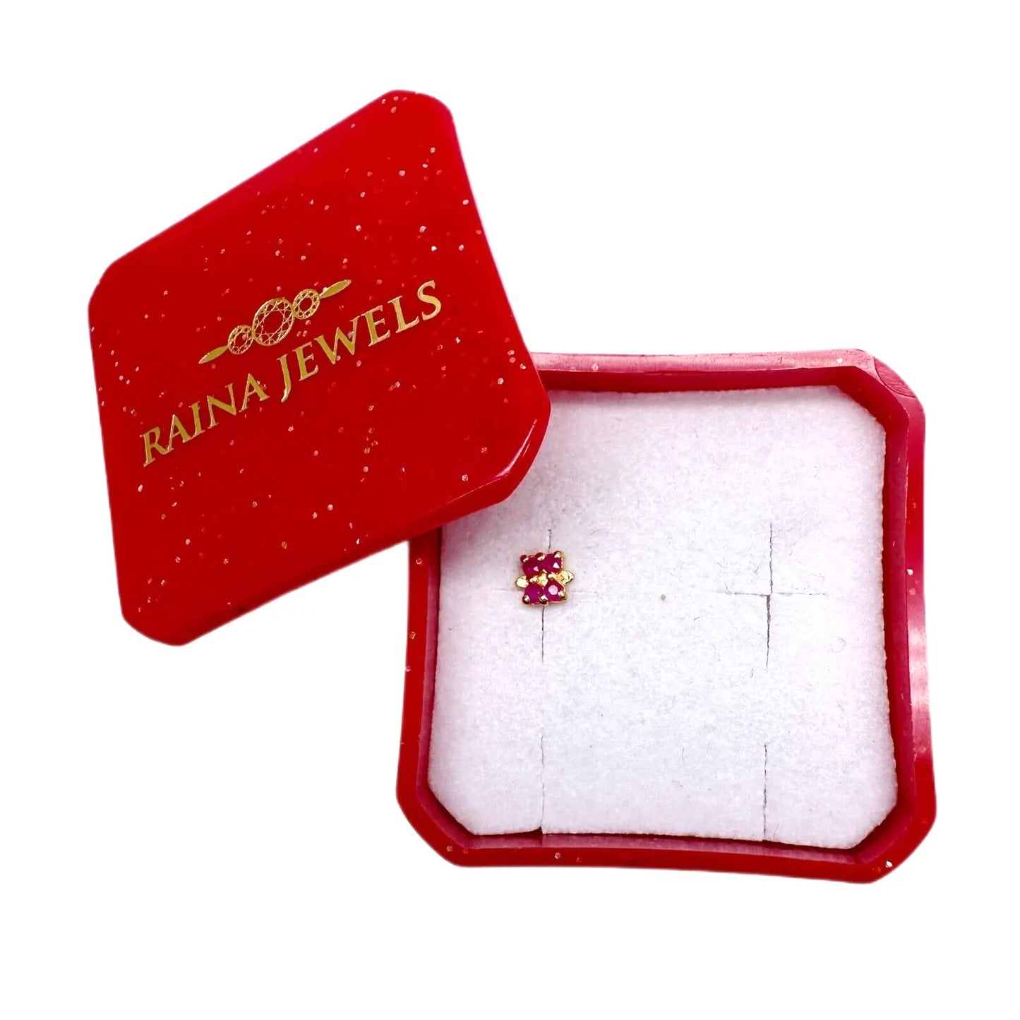 22ct Yellow Gold 4 Stone Ruby Square Nose Pin Stud