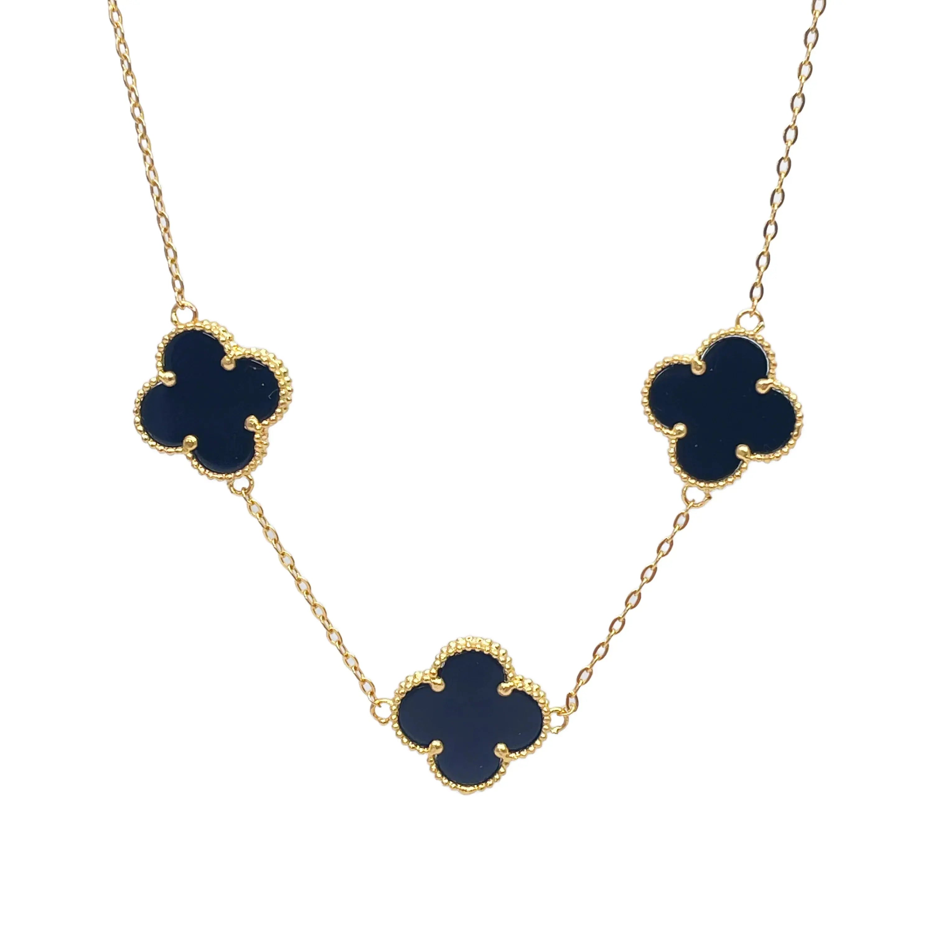22ct Yellow Gold Black Onyx Clover Necklace 15